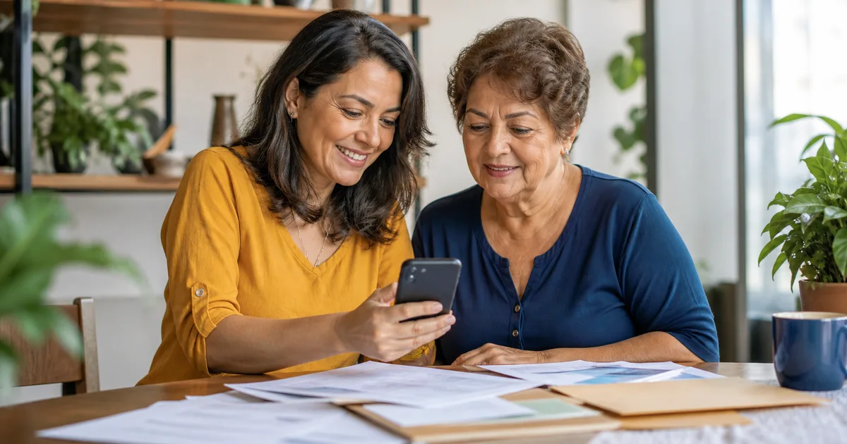 Cena gerada por IA: duas mulheres organizam documentos da família e consultam um celular.