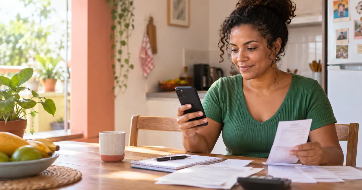 Mulher consulta o celular enquanto organiza documentos e contas sobre uma mesa em casa.