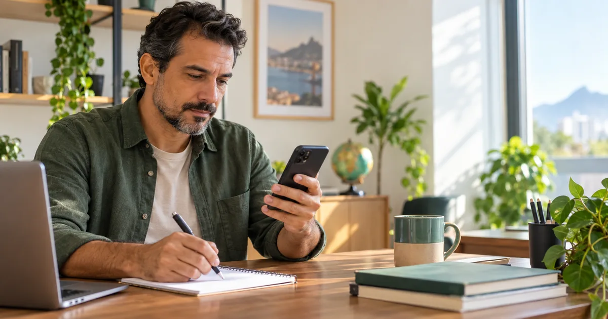 Homem consulta informações no celular e faz anotações em um escritório doméstico.