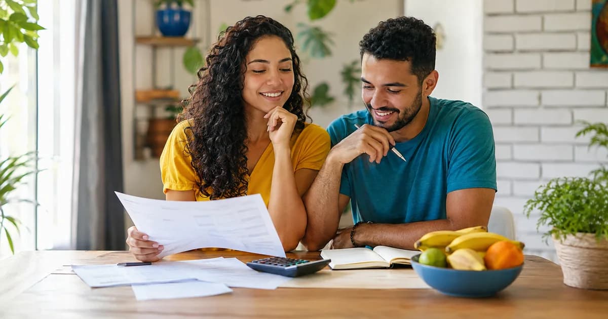 Cena gerada por IA de um casal organizando as contas em casa