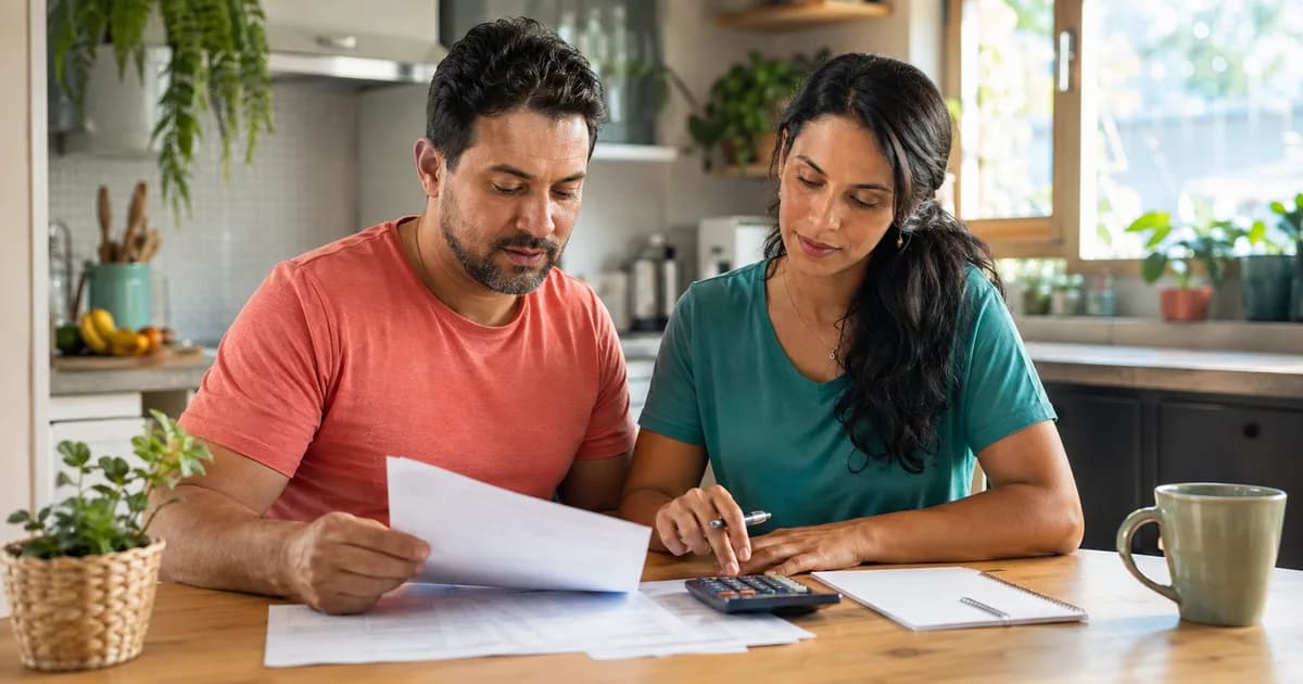 Cena gerada por IA: casal compara documentos e custos com uma calculadora em casa.