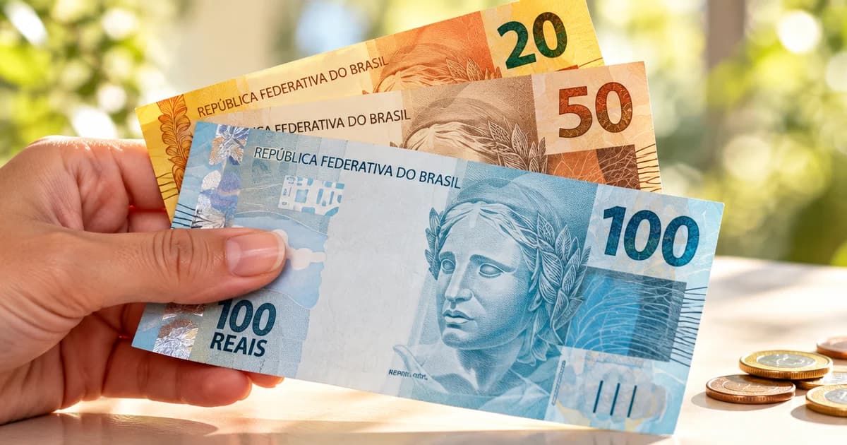 Mão segura notas de 20, 50 e 100 reais contra a luz de uma janela, com moedas sobre a mesa.