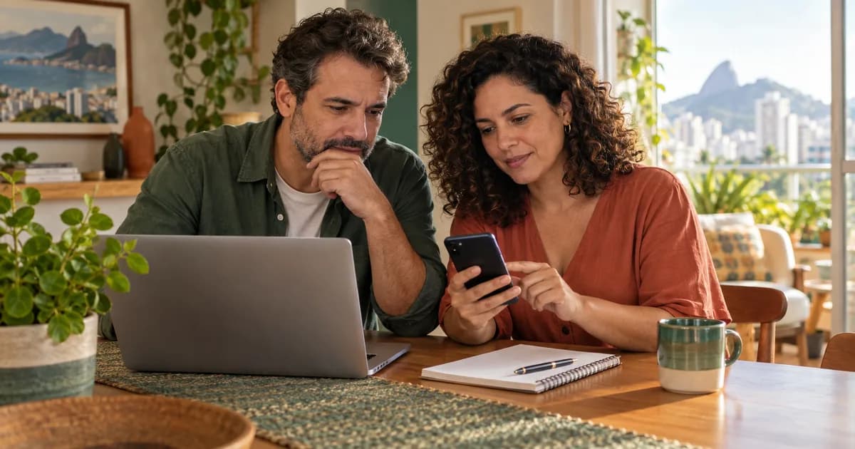 Casal consulta celular e computador enquanto organiza uma verificação financeira em casa.