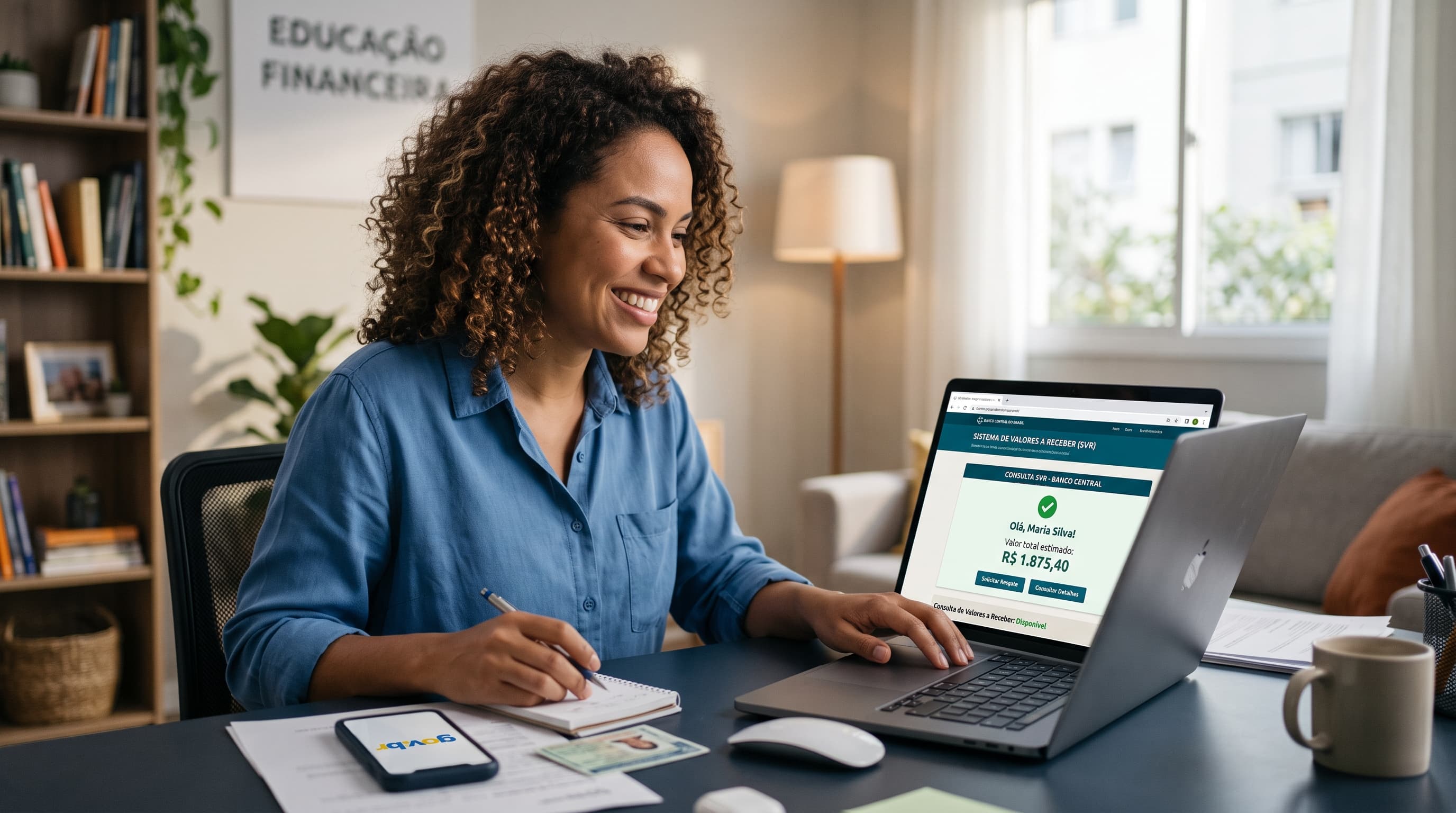 Mulher sorri ao conferir em um notebook uma tela de consulta de valores a receber, com celular, documentos e anotações sobre a mesa.